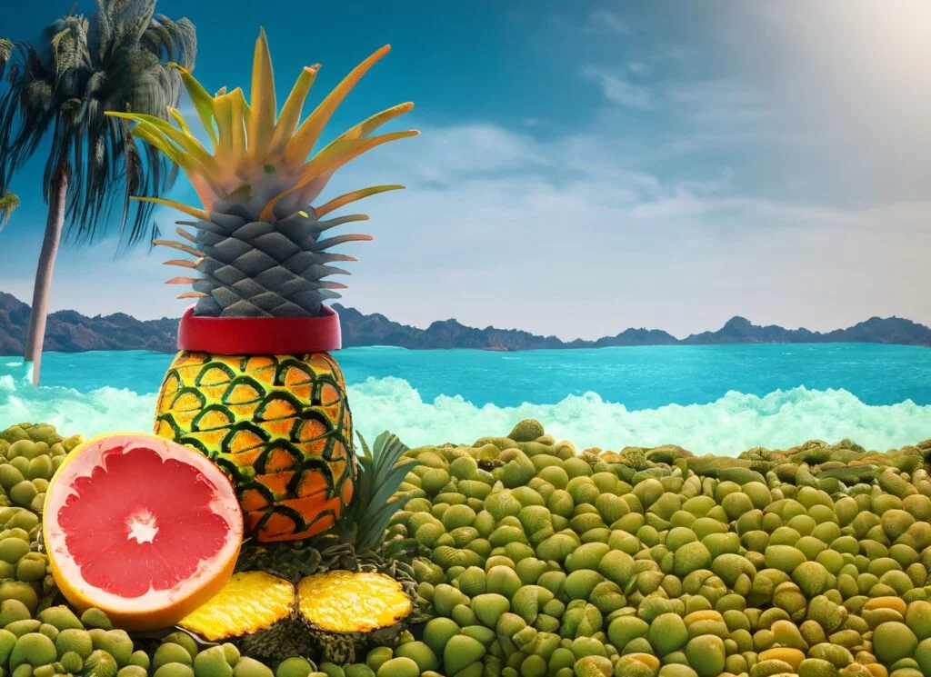 Régime ananas-pamplemousse : Un bol de fruits frais ananas et pamplemousse coupés en morceaux sur une table en bois