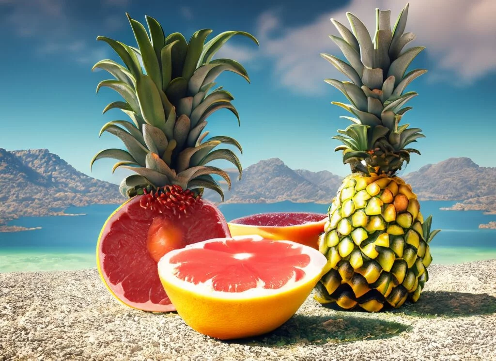 Régime ananas-pamplemousse : Un smoothie vert dans un grand verre avec des tranches de pamplemousse et d'ananas