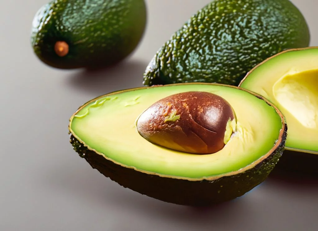 L'avocat : un ingrédient de beauté naturel L'avocat un ingrédient de beauté naturelle : fruit coupé en deux révélant sa chair crémeuse et son noyau