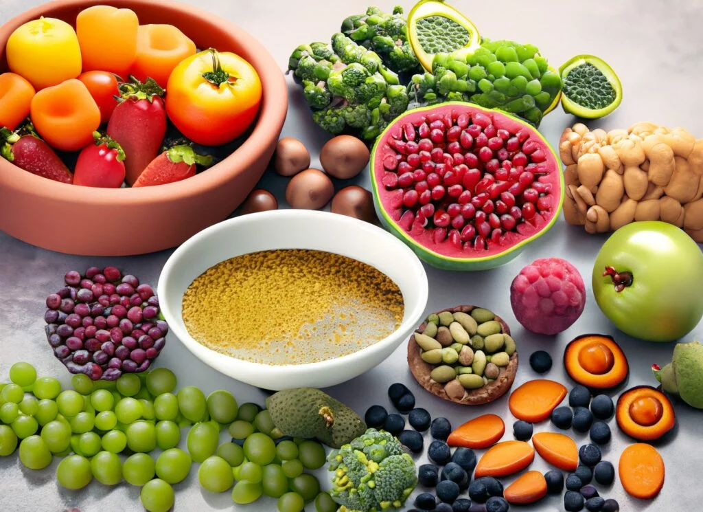 Antioxydants: Découvrez les 10 aliments les plus puissants Antioxydants: Découvrez les 10 superaliments colorés — grenades, myrtilles, thé vert et carottes sur fond blanc