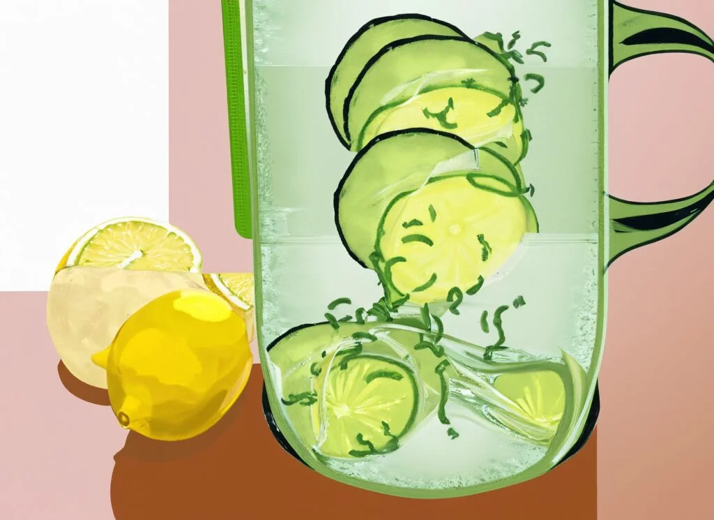 Eau Concombre, Citron Pour Maigrir : la recette facile Eau Concombre, Citron Pour maigrir posée sur une table avec des ingrédients frais bio
