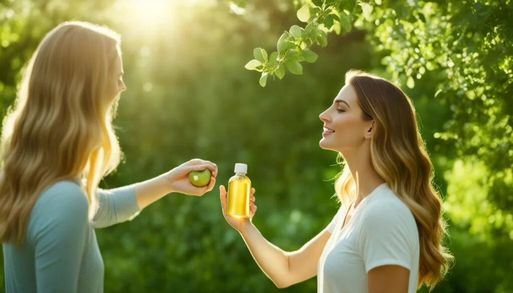 Vinaigre de Cidre Cheveux: bouteille de vinaigre de cidre bio posée sur une table en bois avec des pommes fraîches