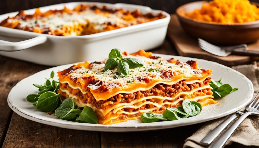 plat de lasagnes butternut dorées avec salade